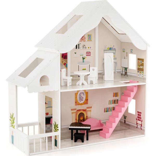 Casa Delle Bambole Costway Per Bambole Di 28-36 Cm, Casa Delle Bambole A 2 Piani Con Accessori E Mobili, Casa Delle Bambole Per Bambini Da 3 Anni 81X30X86Cm-image