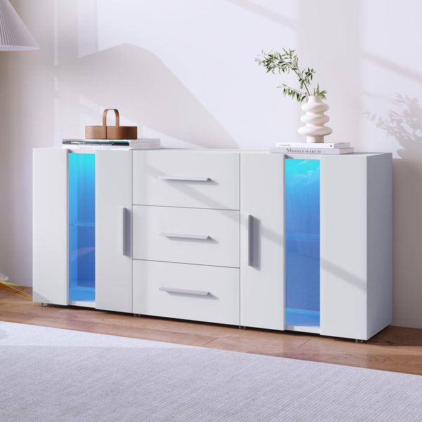 Cassettiera Merax Con Illuminazione A Led Incl. Telecomando, Credenza Con 2 Ante E 3 Cassetti, Credenza Tv Credenza Mobile, Larghezza 140Cm-image