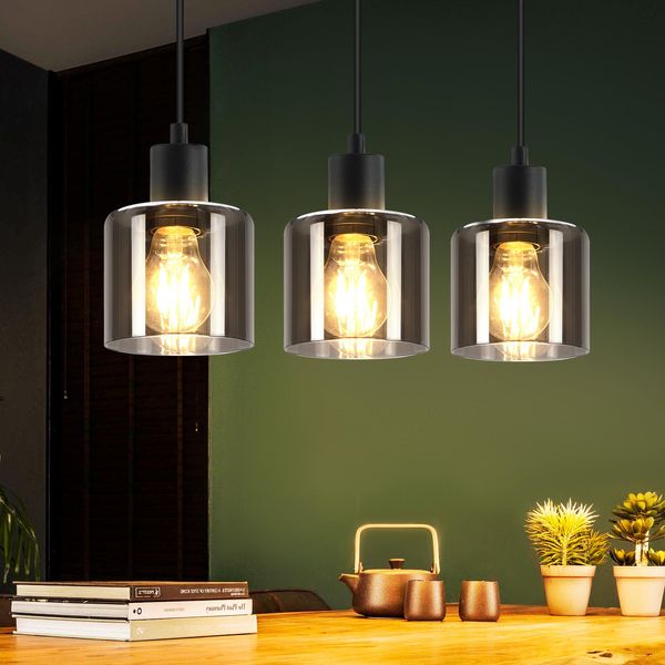 Zmh Lampada A Sospensione Nera Lampada A Sospensione A 3 Fiamme In Vetro Tavolo Da Pranzo Lampada A Sospensione Vintage E27 Luce A Sospensione Industriale Angolare Per Sala Da Pranzo Soggiorno Hotel Ufficio-image