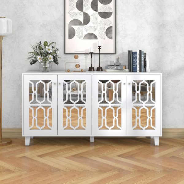 Credenza A Specchio Sweiko Con Maniglie In Cristallo, Quattro Ante, Con Laminato Mobile.Per Soggiorno E Sala Da Pranzo, 160 X 40 X 84 Cm Bianco-image
