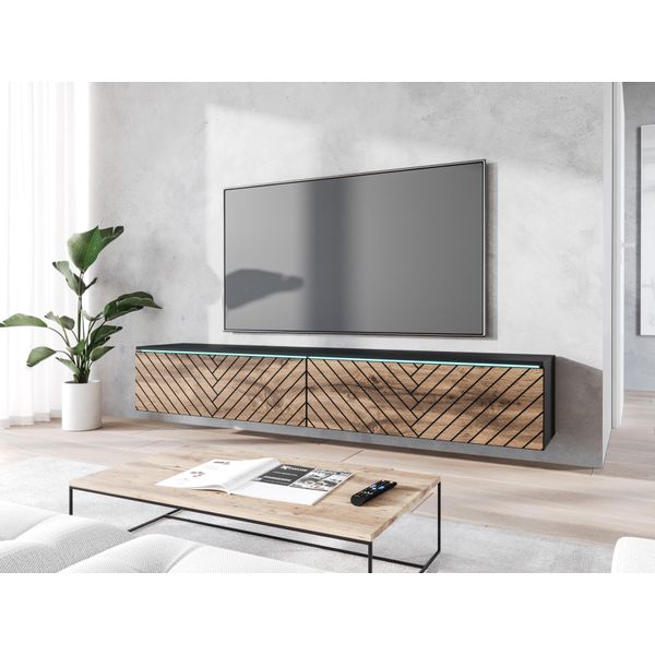 Minio, Mobile Tv, Lavagna Tv "Donna"" 180 Cm, In Piedi, Sospesa, Led, Frontale In Mdf Con Motivo A Spina Di Pesce, Colore Nero Grafite/Rovere Botanico"-image
