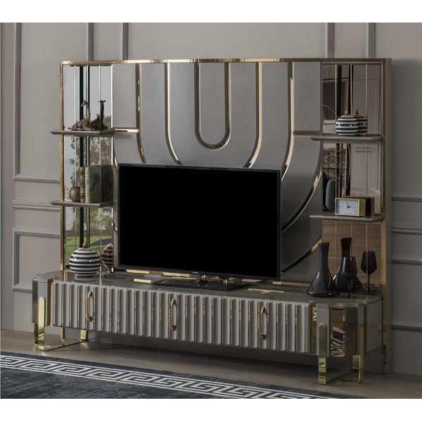 Porta Tv Moderno Soggiorno Oro Grigio Lusso Legno Nuovo-image