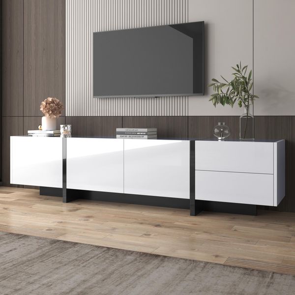 Merax Tv Lowboard Bianco Lucido Mobile Tv Con 2 Cassetti, Ante Con Ripiani, Mobile Tv Board Tv, Larghezza:190Cm-image