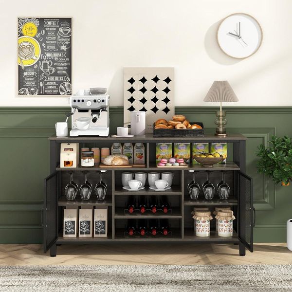 Credenza Costway, Mobile Da Cucina Con 2 Ante In Rete Metallica, Scomparti Aperti, Portabottiglie E Portabicchieri Da Vino, Mobile Contenitore 140 X 40 X 82,5 Cm Grigio-image