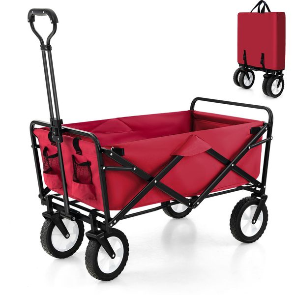 Costway Carrello Da Giardino Pieghevole Con Maniglia Regolabile E Portabicchieri Fino A 68 Kg Per La Spesa, Campeggio Rosso-image