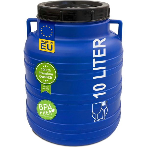 Plasteo® 10 Litri Barile A Collo Largo Blu Con Coperchio E Manici, Senza Bpa Per Alimenti Barile Da Campeggio Barile Per Crauti Barile Per Alimenti Barile Con Coperchio A Vite-image