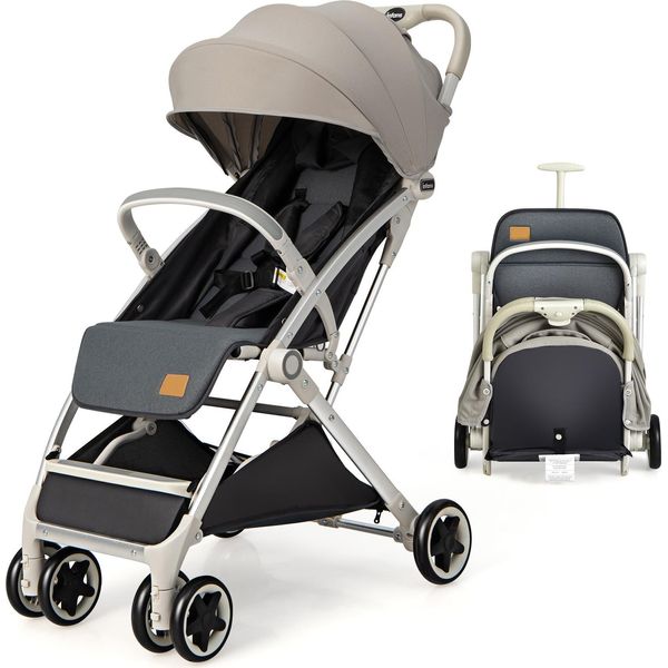 Costway Carrozzina Pieghevole, Passeggino Da Viaggio Con Schienale Regolabile E Capottina, Cintura A 5 Punti, Per Bambini Da 0 A 36 Mesi (Grigio)-image