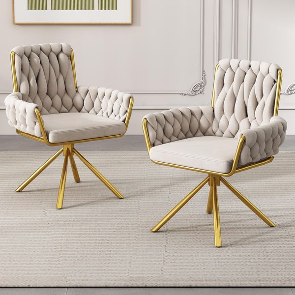 Set Di 2 Sedie Per Sala Da Pranzo Flieks Girevoli A 360°, Sedia Imbottita Con Rivestimento In Velluto, Sedia Da Cucina Sedia Da Soggiorno Con Gambe In Acciaio, Sedia Girevole Poltrona, Beige-image