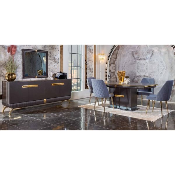 Sala Da Pranzo In Acciaio Inox Set Tavolo Da Pranzo Di Design 4X Sedie Cassettiera 7 Pezzi-image