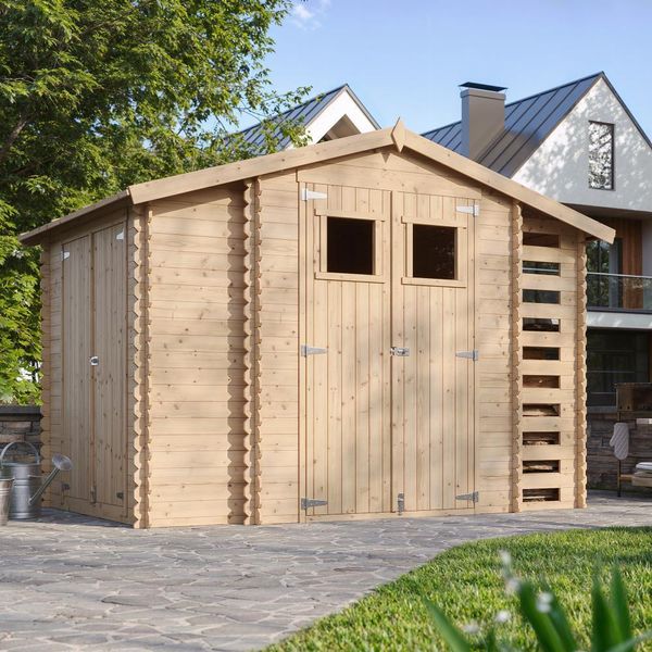 Timbela M389 - Casetta Da Giardino In Legno Con Legnaia L328Xl206Xh218 Cm/ 3,53 + 0,97 + 0,97 M2 - Tetto Impermeabile-image
