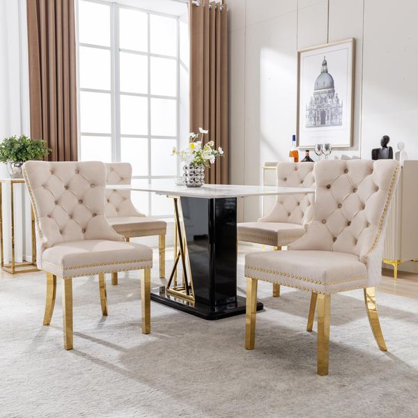Set Di 4 Sedie Per Sala Da Pranzo Flieks, Sedie Da Soggiorno Sedie Da Cucina Con Gambe In Acciaio Inox, Sedie Imbottite Con Schienale, Rivestimento In Velluto, Beige-image