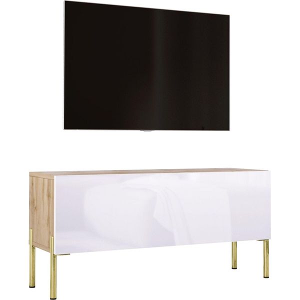 Cabinet Tv In Rovere Wotan / Bianco Lucido Con Gambe In Oro, 100 X 52 X 32 Cm-image