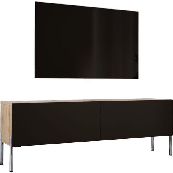 Cabinet Tv In Rovere Wotan / Nero Opaco Con Gambe Cromate, 140 X 52 X 32 Cm-image