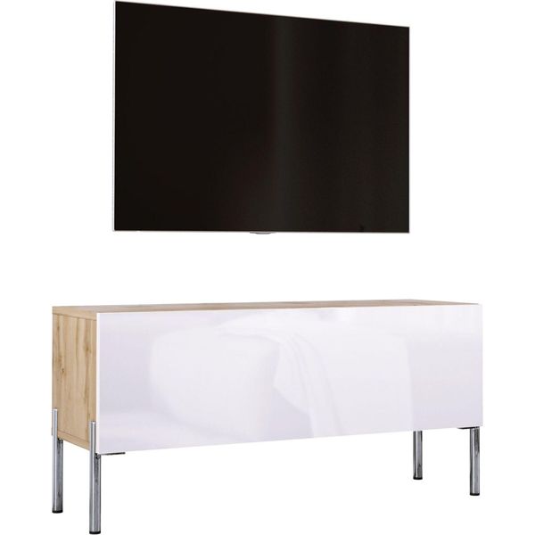 Cabinet Tv In Rovere Wotan / Bianco Lucido Con Gambe Cromate, 100 X 52 X 32 Cm-image