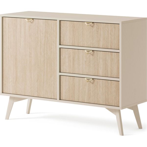 Cassettiera, Credenza - Elegante Curva E Marrone - Facile Montaggio Con Anta E 3 Cassetti (L:106Cm X H:80Cm X P:38Cm)-image