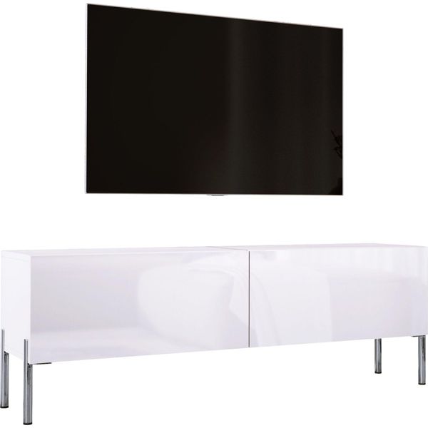 Mobile Tv: Bianco Opaco / Bianco Lucido Con Gambe Cromate, 140 X 52 X 32 Cm-image