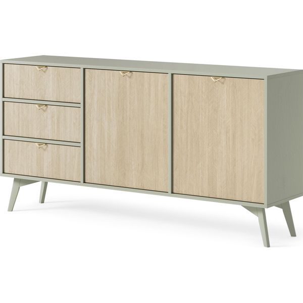 Cassettiera, Credenza - Elegante Eucalipto E Marrone - Facile Da Montare Con 2 Ante E 3 Cassetti (L:158Cm X H:80Cm X P:38Cm)-image
