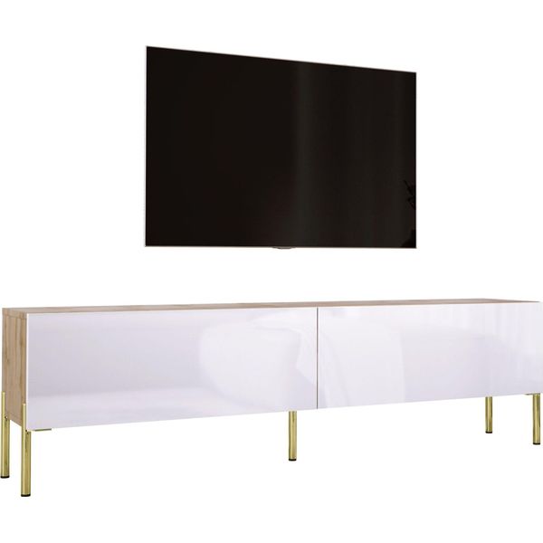 Cabinet Tv: Rovere Wotan / Bianco Lucido Con Gambe In Oro, 170 X 52 X 32 Cm-image