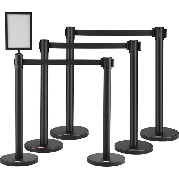 Vevor Sistema Di Guida Per Il Personale Nastro Di Sbarramento Paletti Di Sbarramento 6 Pezzi, 2 M X 48 Mm Nastro Retrattile Nero, Sistema Di Guida Per Il Personale Paletti Di Sbarramento Con Segnaletica Per Aeroporti, Fiere, Campi Di Gara, Ecc.-image