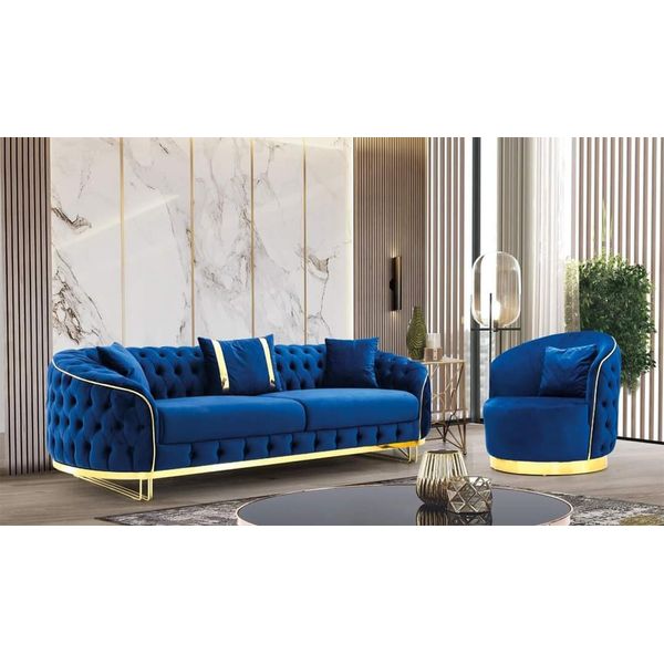 Designer Blau Blau Farbe Wohnzimmer Set Aus 3-Sitzer Sofa Und Sessel 2Tlg. Jvmoebel-image