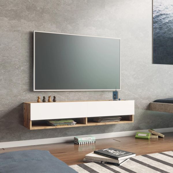 In And Outdoormatch Mobile Tv Cody - Mobile Tv - Mobile Tv - 2 Vani Portaoggetti - 140 X 31,5 X 29,5 Cm - Colori Legno E Bianco - Mobile Decorativo-image