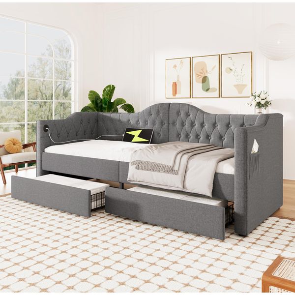 Divano Letto Flieks 90X190Cm Con Usb E Tipo C, Letto Imbottito Con 2 Cassetti, Divano Letto Daybed Con Rete A Doghe, Lino, Grigio-image