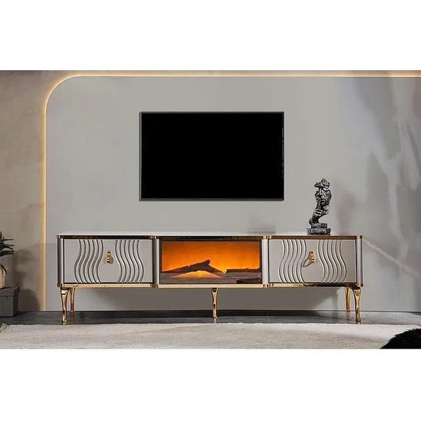 Credenza Tv Bianca In Truciolato Mdf Dorato + Mobile Tv Da Soggiorno In Metallo-image