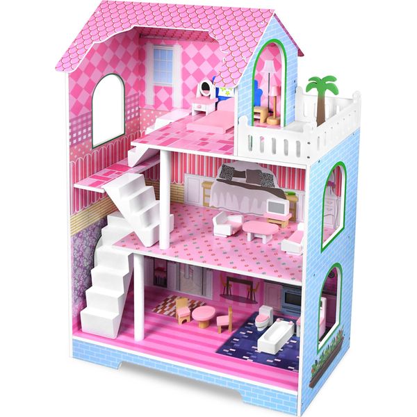 Sessamen-Lp Casa Delle Bambole Bambini Casa Delle Bambole In Legno Set Di Bambole Ragazze Playset 3 Piani Casa Di Barbie Con Mobili E Accessori, 70X30X100Cm Case Delle Bambole Per Bambini (Tipo B)-image