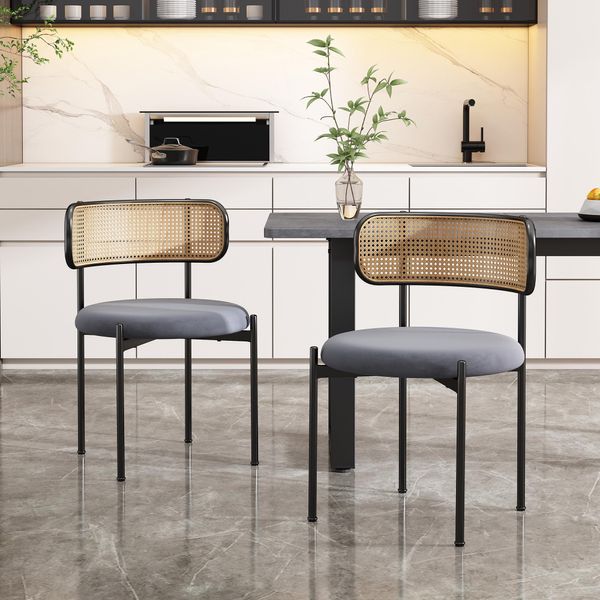 Set Di 2 Sedie Da Sala Da Pranzo In Rattan Flieks Con Gambe In Metallo, Sedie Da Soggiorno Imbottite Con Rivestimento In Velluto, Sedia Da Pranzo Sedia Da Cucina, Grigio-image