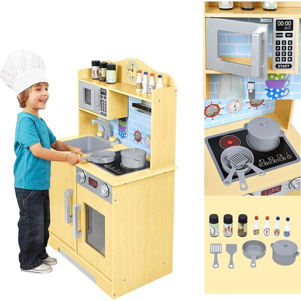 Va-Cerulean Cucina Per Bambini, Cucina Da Gioco In Legno, Cucina Per Bambini, Accessori Da Cucina In Legno Con Accessori In Legno Lavello Microonde Cucina Giocattolo Per Bambini, 56X28,5X92Cm, Tipo B-image