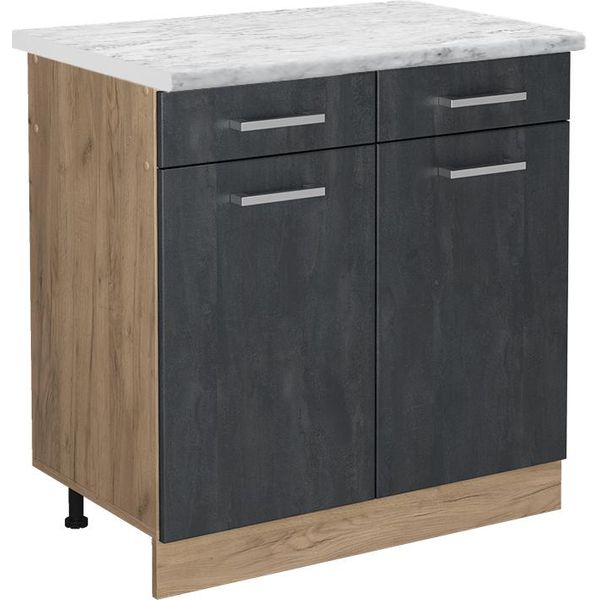Vicco Mobiletto Base Per Cucina R-Line, 80 Cm Pl Marmo, Calcestruzzo Nero/Quercia Dorata-image