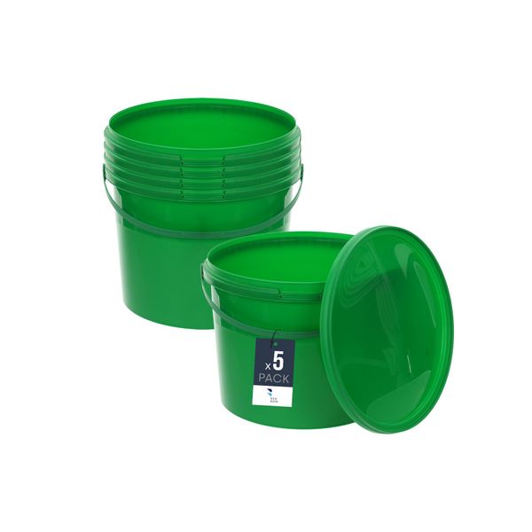 Secchio Benbow Con Coperchio 10L X5 Verde - Sicuro Per Gli Alimenti, Robusto, Ermetico, A Prova Di Perdite, Inodore - Secchio In Plastica Con Manico - Vuoto-image