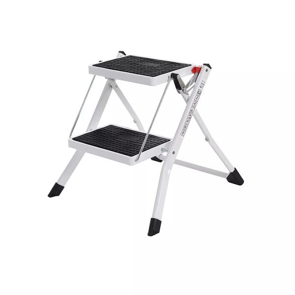 In And Outdoormatch Kennith Gradino Pieghevole - Con 2 Gradini - Scaletta - Gradino Largo 20 Cm - Antiscivolo - Tappetino In Gomma - Con Maniglia Di Trasporto - Portata Fino A 150 Kg - In Acciaio - Tv Gs - Bianco/Nero-image