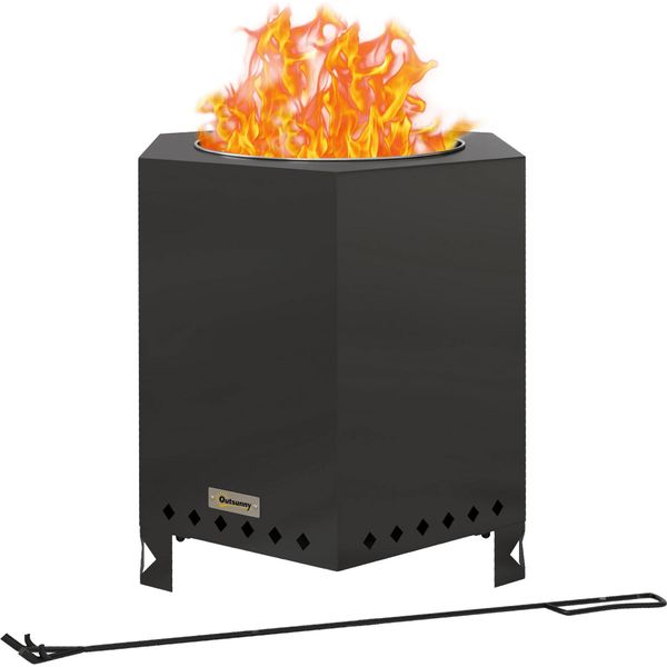 Ciotola Per Fuoco Outsunny, Fuoco Da Tavolo Senza Fumo, Pozzo Di Fuoco Con Attizzatoio, Cesto Per Il Fuoco Per Giardino, Campeggio, Terrazza, Metallo, Nero-image