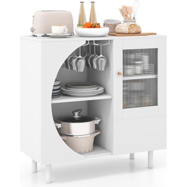 Costway Credenza Da Cucina Con Portabicchieri, Mobile Buffet In Vetro Temperato, Mobile D'accento Indipendente Bianco-image