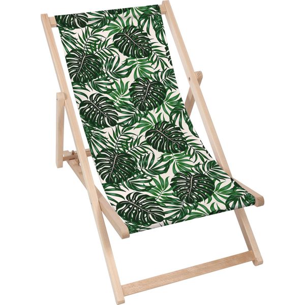 Sdraio Dreamroots Pieghevole In Legno Fino A 130 Kg, Sdraio Pieghevole Con Regolazione Dell'inclinazione Dello Schienale In 3 Fasi, Motivo Foglie Tropicali-image