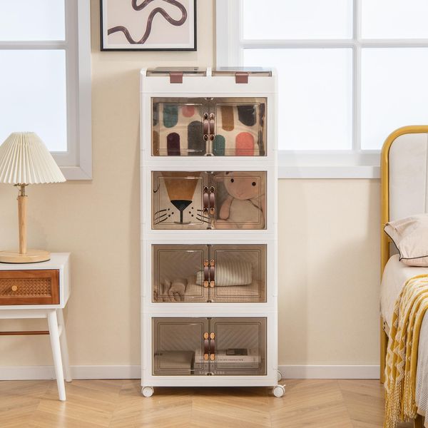 Costway Contenitori Pieghevoli Con Coperchio, Confezione Da 4 Scatole Di Plastica Impilabili Con Ruote, Armadio A Rotelle Pieghevole Con Porte Magnetiche Ad Apertura Frontale E Capacità Di 210 L, Bianco-image
