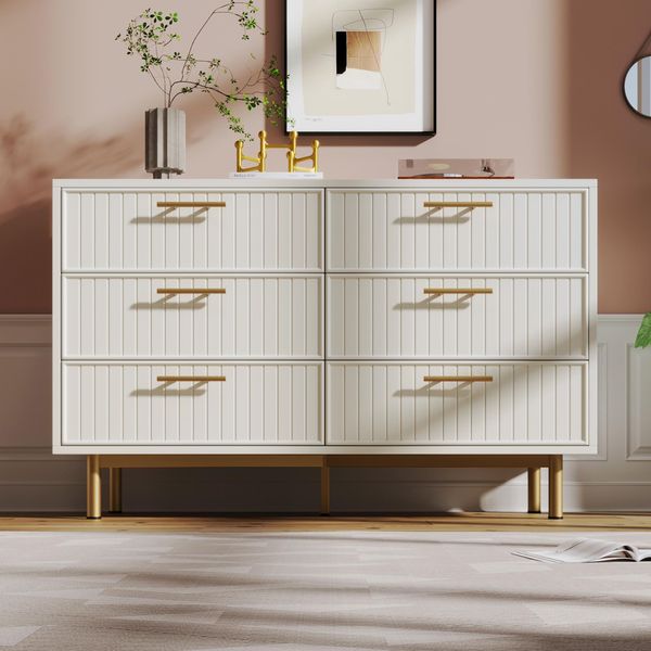 Cassettiera Flieks Con 6 Cassetti, Mobile Da Soggiorno Con Gambe In Metallo Dorato, Credenza Cassettiera Alta 120X40X75,5 Cm, Bianco-image