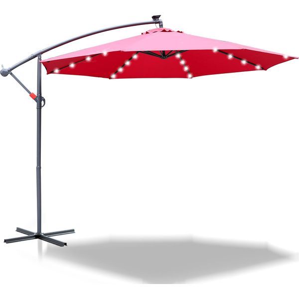 Ombrellone Con Illuminazione A Led Ombrellone A Semaforo 350 Cm Ombrellone Da Giardino Con 32 Luci Led Protezione Uv Ombrellone A Manovella Supporto Ombrellone Da Giardino Ombrellone Da Mercato, Rosso-image