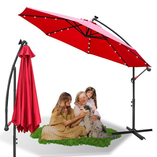 Ombrellone Con Illuminazione Led Ombrellone Da Giardino Da 300 Cm Con 24 Luci Led Protezione Uv Manovella Portaombrelli Ombrellone Da Giardino Ombrellone Da Mercato, Rosso-image