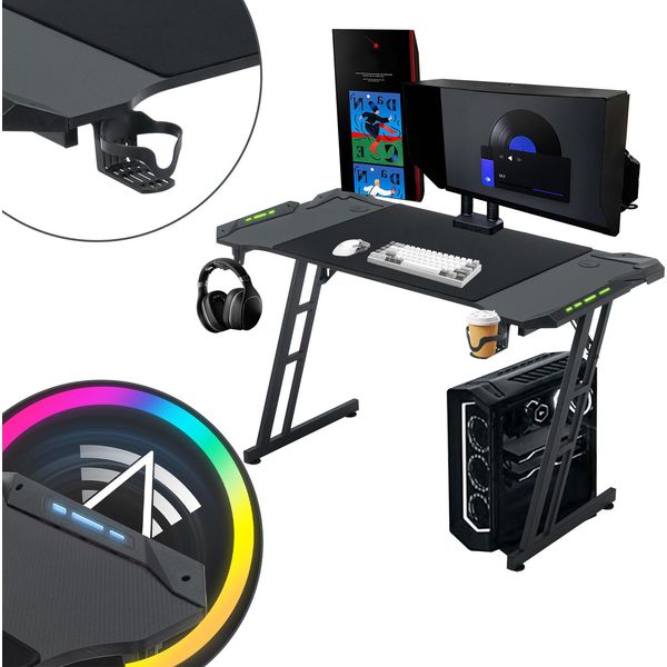 Yuenfong 140 X 60 Cm Scrivania Da Gioco, Scrivania Da Gioco Con Illuminazione A Led, Gancio Per Cuffie E Portabicchieri, Scrivania Per Computer Stabile, Tavolo Da Gioco Per Pc (Tye B Con Led)-image