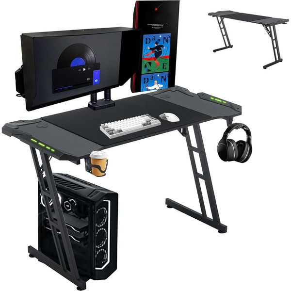 Yuenfong 120 X 60 Cm Scrivania Da Gioco, Scrivania Da Gioco Con Illuminazione A Led, Gancio Per Cuffie E Portabicchieri, Tavolo Da Gioco Per Pc (Tye B Con Led)-image
