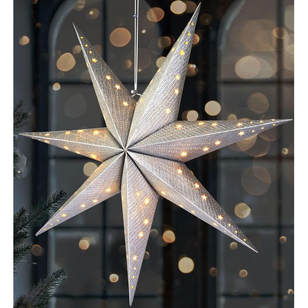 Brubaker Stella Di Natale Appesa A Led - Stella Di Carta Da 60 Cm - Stella Dell'avvento 3D - A Batteria, Argento-image