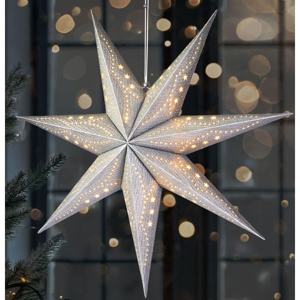 Brubaker Stella Di Natale 3D Da Appendere - Stella Di Carta A Led Con Timer - Stella Dell'avvento Da 60 Cm A Batteria, Argento-image