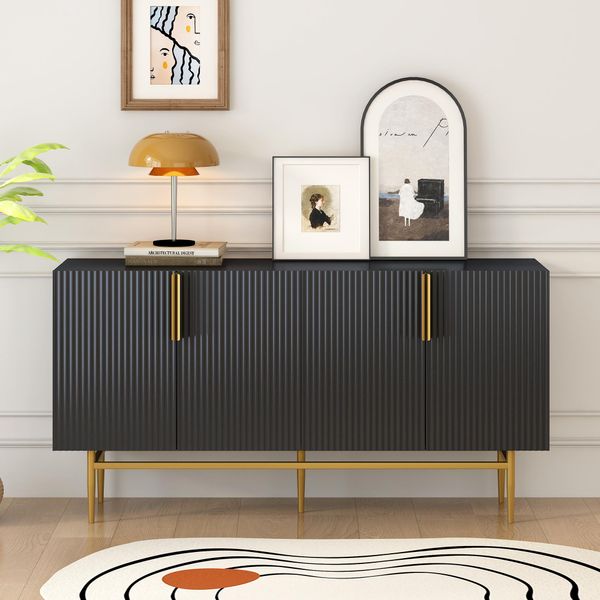 Credenza Merax A 4 Ante Con Ripiani Regolabili, Credenza Con Base In Metallo, Mobile Buffet In Legno Massiccio, 152,5X40,5X80Cm-image