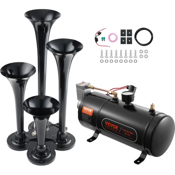 Set Di Trombe Da Treno Vevor, Set Di Trombe Ad Aria A 4 Trombe, Trombe Da Treno Da 150 Db Per Camioncini, Compressore D'aria Da 12 V 120 Psi, Serbatoio Da 3 L Con Manometro Per Qualsiasi Veicolo Da 12 V, Auto, Camion, Treno, Furgone, Barca, Ecc. Nero-image