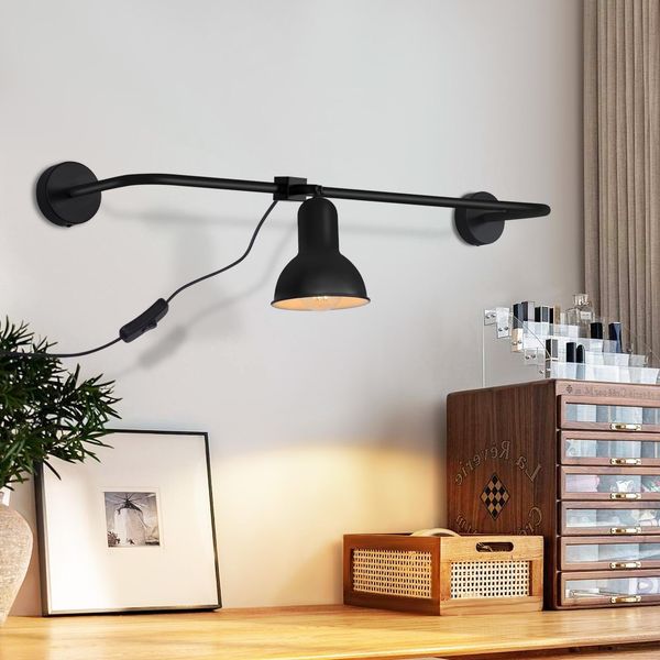 Zmh Lampada Da Parete Per Interni Lampada Da Parete Nera Illuminazione A Parete Con Spina Interruttore Faretto Da Parete Corridoio Scala In Metallo Vintage E27 Per Soggiorno-image