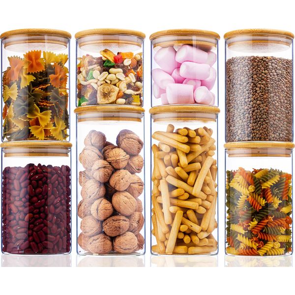 Set Di 8 Barattoli Riutilizzabili In Vetro Borosilicato Con Coperchio In Bambù, Ermetici, Per Lavastoviglie E Microonde - Deco Haus-image