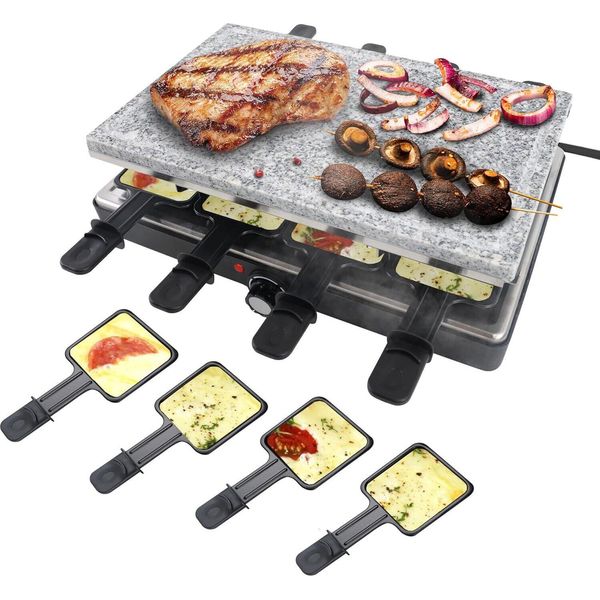 Yuenfong Griglia Per Raclette Con Pietra Naturale Per Grigliare, Griglia Elettrica Da Tavolo Per 8 Persone, Piastra Con Rivestimento Antiaderente, 8 Teglie E 8 Spatole In Legno Per Grigliate Al Coperto, Mini Grill 1400W, Nero-image