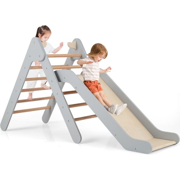 Costway Triangolo Di Arrampicata Con Scivolo, Triangolo A Pioli Per Scivolare E Arrampicarsi, Per Bambini Da 1 Anno (Grigio)-image